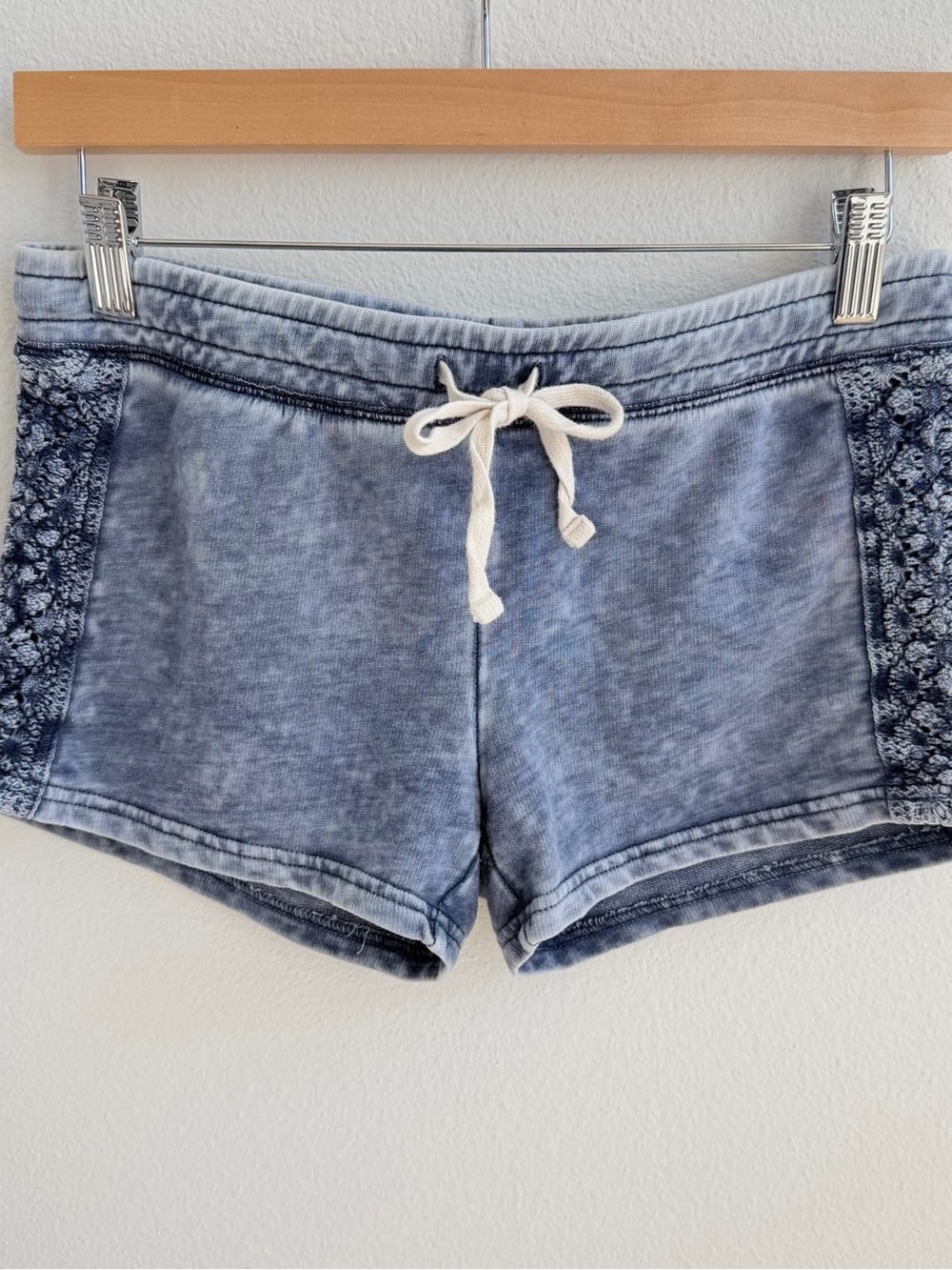 SAE-A Design Acid Wash Blue Crochet Lace Side Shorts Drawstring